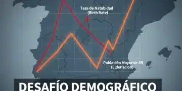 Gráfico de proyecciones demográficas de España, mostrando descenso de natalidad y aumento de población envejecida.