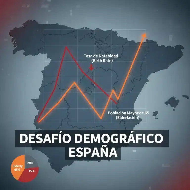 Gráfico de proyecciones demográficas de España, mostrando descenso de natalidad y aumento de población envejecida.