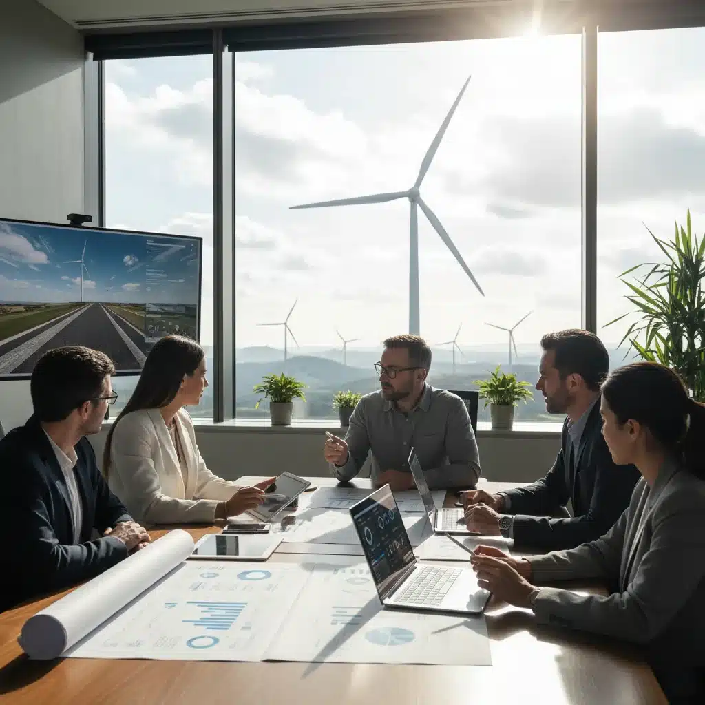 Profesionales trabajando en un proyecto de energía renovable financiado por fondos europeos, simbolizando la inversión verde.