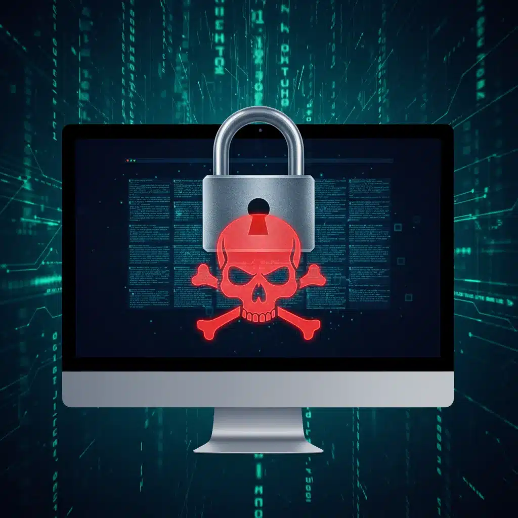 Representación visual de un ataque de ransomware con archivos encriptados y un candado