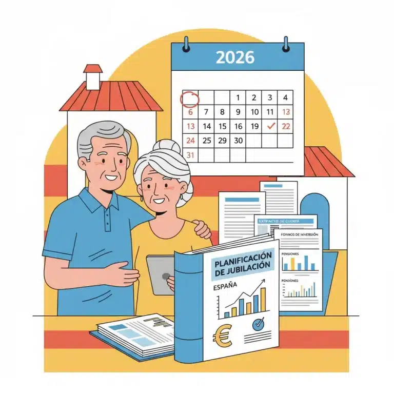 Gráfico que representa la reforma de las pensiones en España con elementos financieros y de jubilación para 2026.