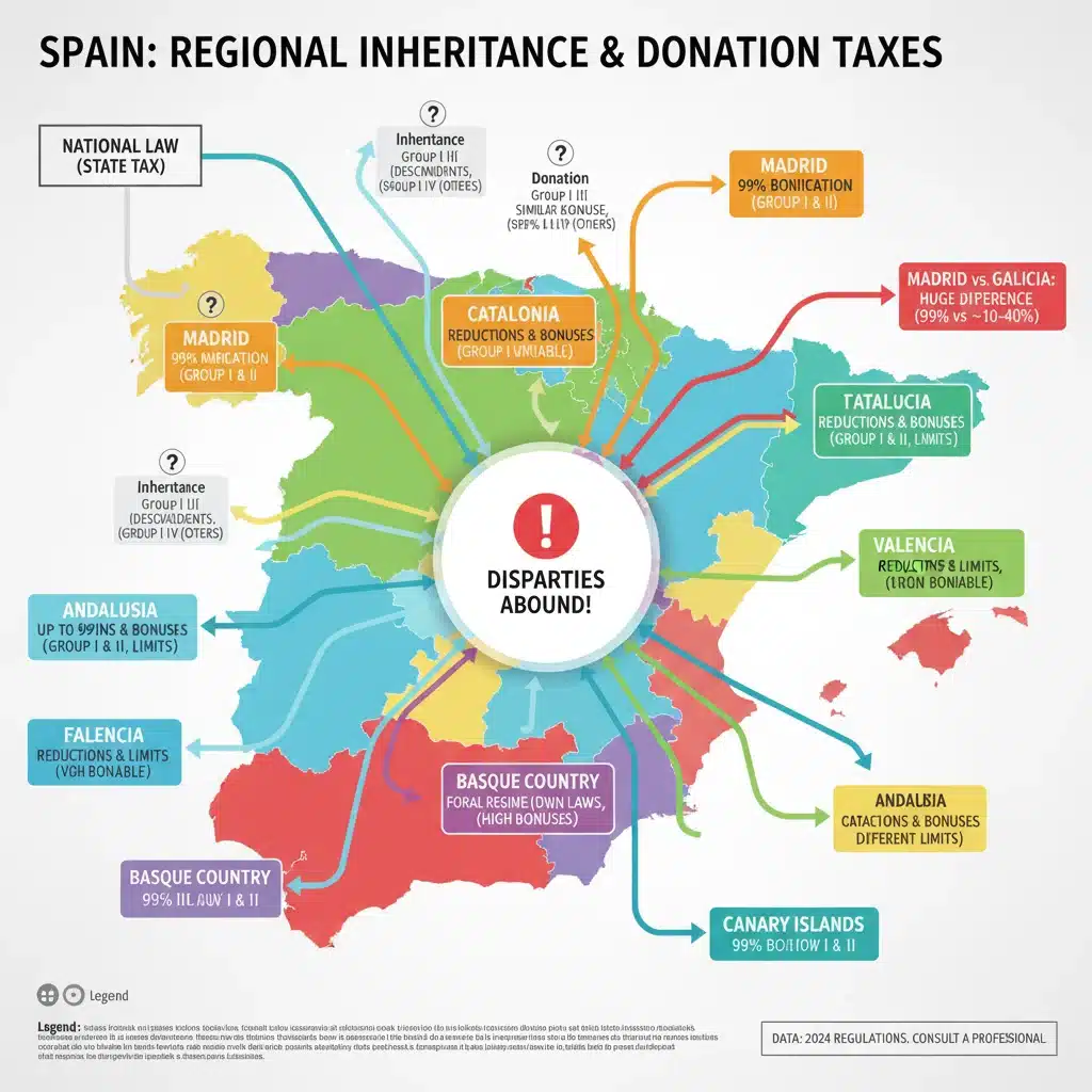 Gráfico comparativo de regulaciones regionales del impuesto de sucesiones y donaciones en España.