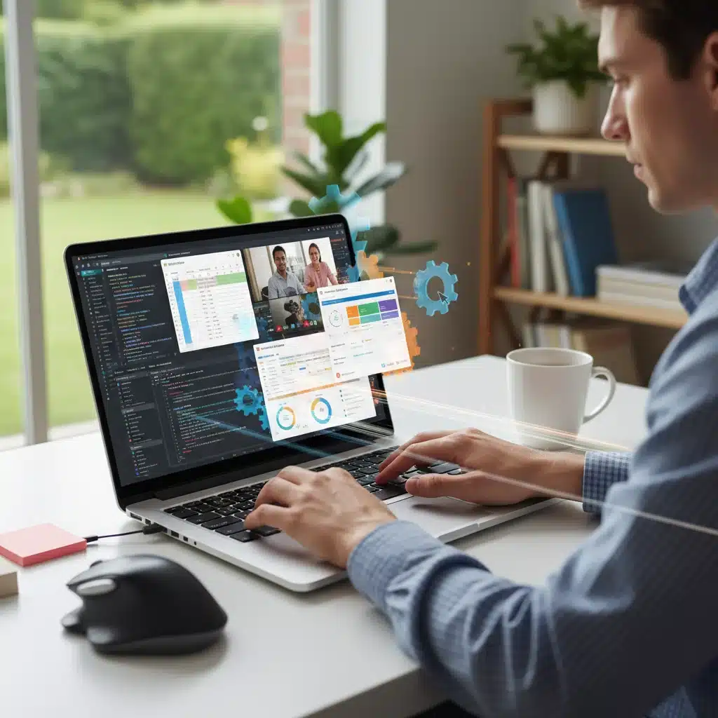 Persona trabajando eficientemente en un portátil con múltiples aplicaciones, representando el rendimiento y la productividad mejorados.