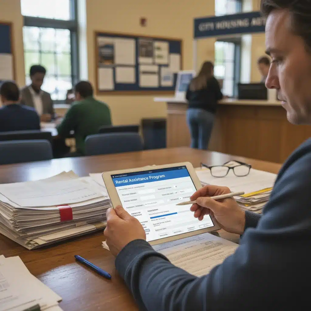 Person completing rental assistance application form