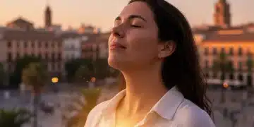 Mujer joven practicando respiración consciente con calma en un entorno urbano al atardecer, transmitiendo paz y relajación.