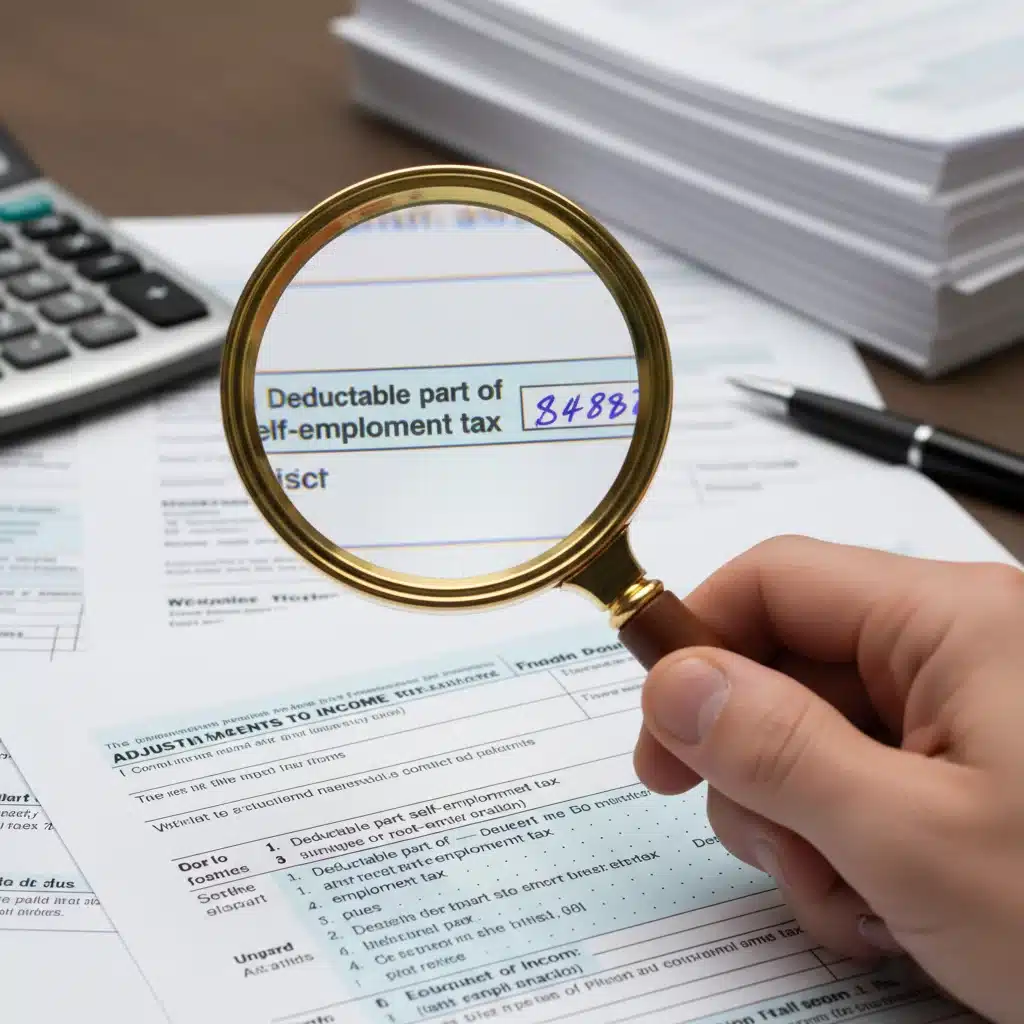 Mano con lupa revisando una sección de un formulario de impuestos, destacando las deducciones aplicables.