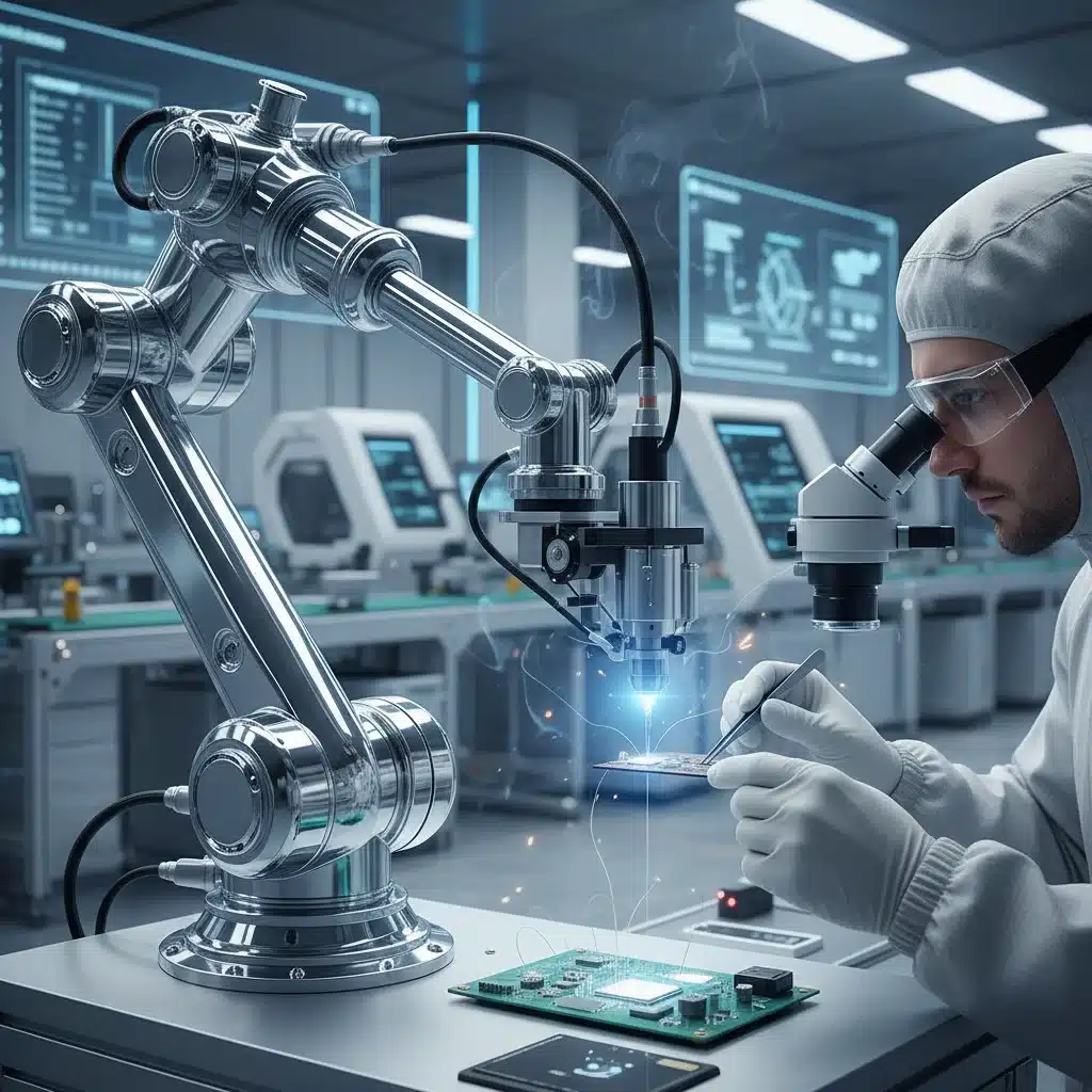 Brazo robótico realizando tareas de precisión en una fábrica inteligente