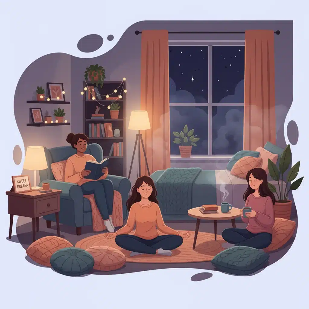 Persona realizando actividades relajantes antes de dormir, como leer o meditar, para mejorar la higiene del sueño.