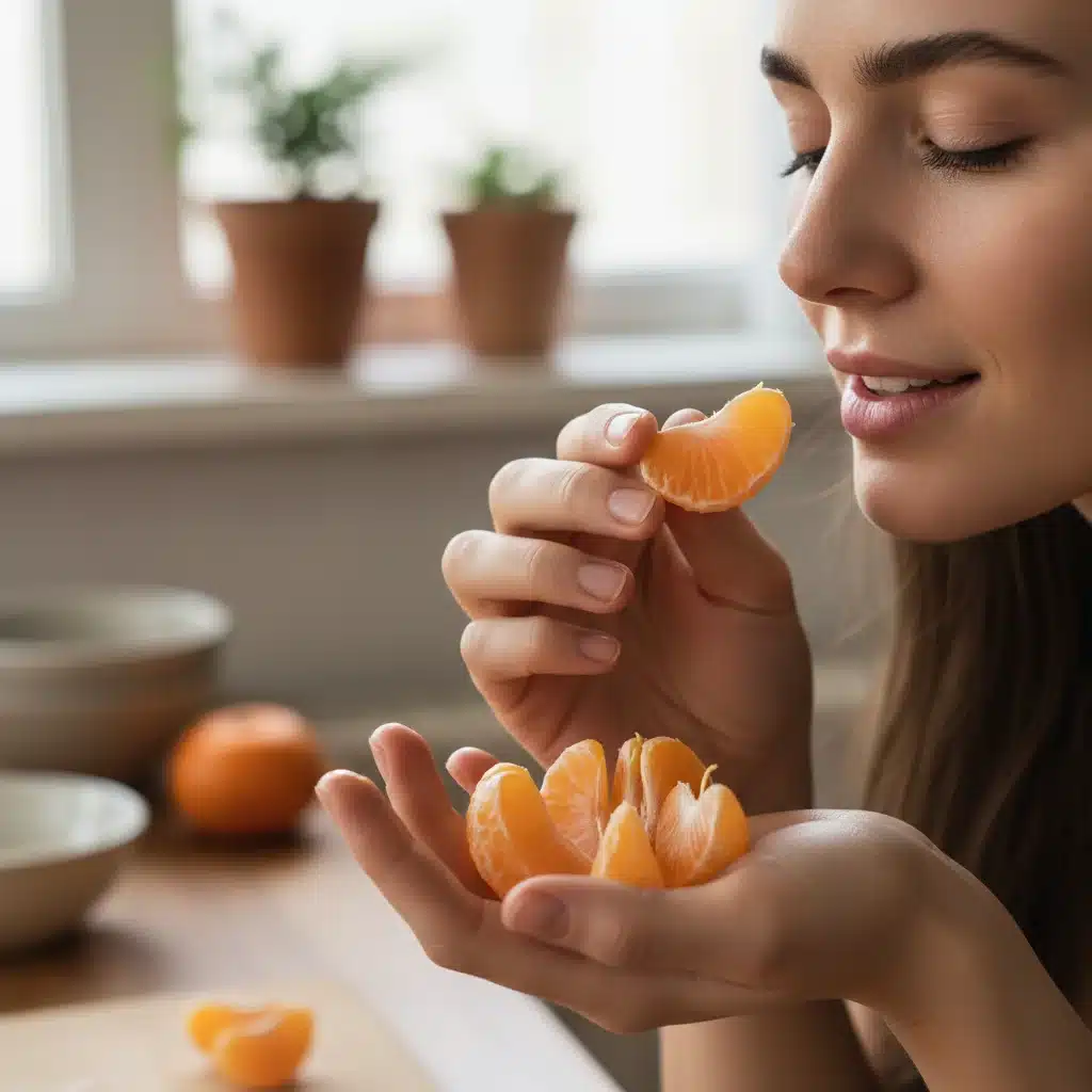 Manos sosteniendo una fruta, simbolizando el acto de saborear y la atención plena al comer.