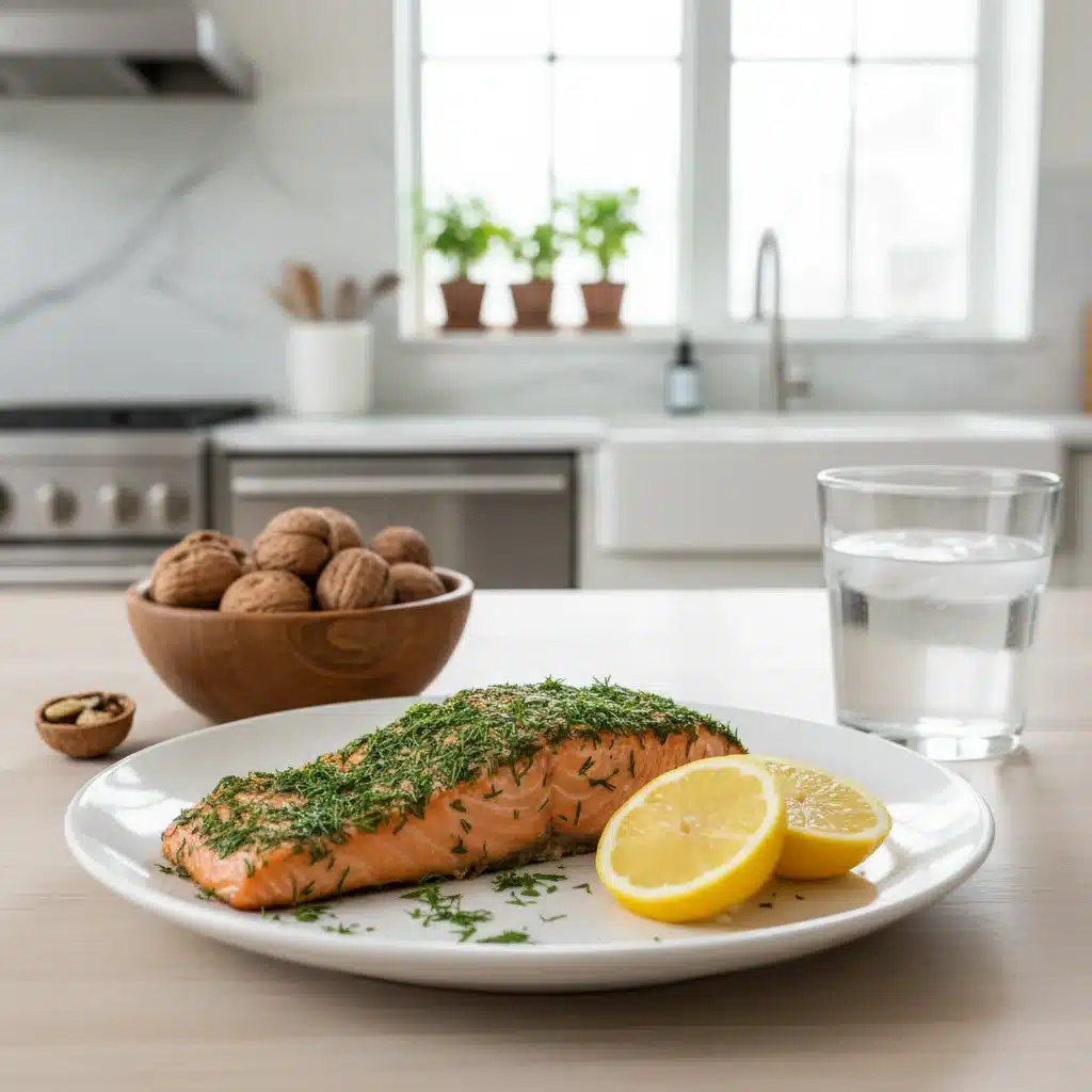 Salmón a la plancha con eneldo, nueces y limón, fuentes ricas de omega-3