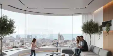 Salón inteligente futurista en España con dispositivos de IA integrados