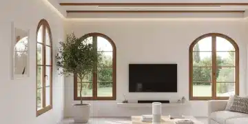 Salón moderno con dispositivos smart home integrados en un hogar español