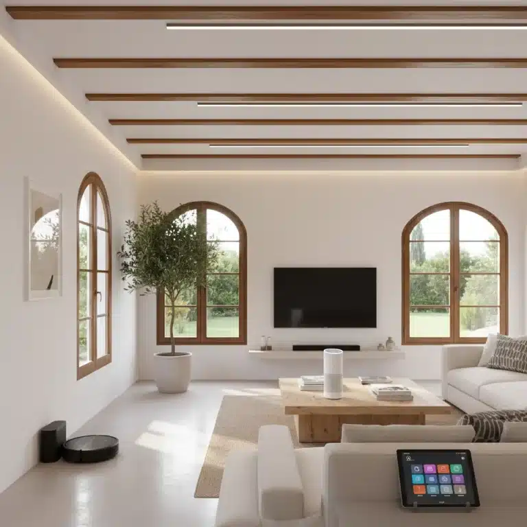 Salón moderno con dispositivos smart home integrados en un hogar español
