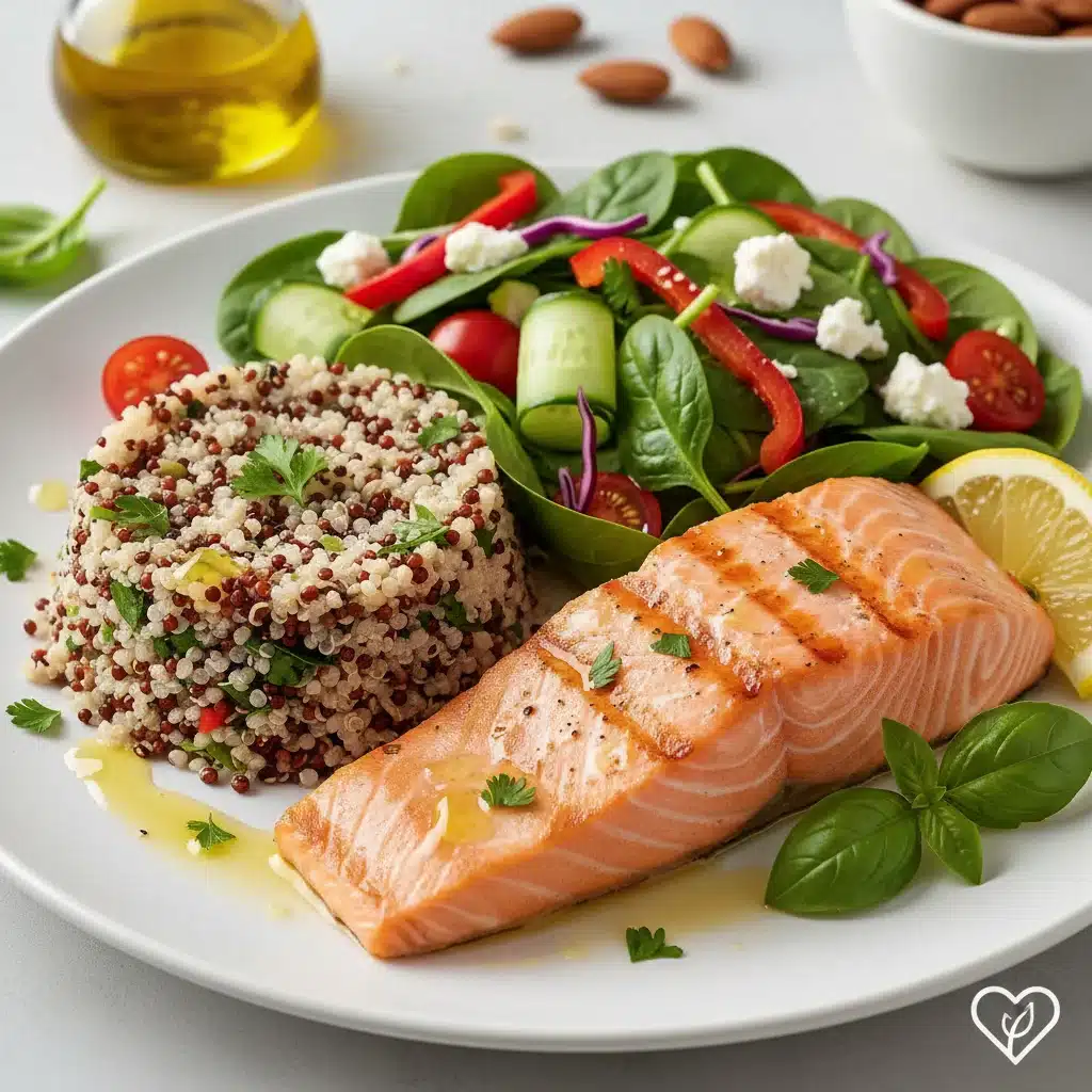 Plato de salmón a la plancha con quinoa y ensalada, bañado en aceite de oliva virgen extra, destacando sus beneficios cardiosaludables.