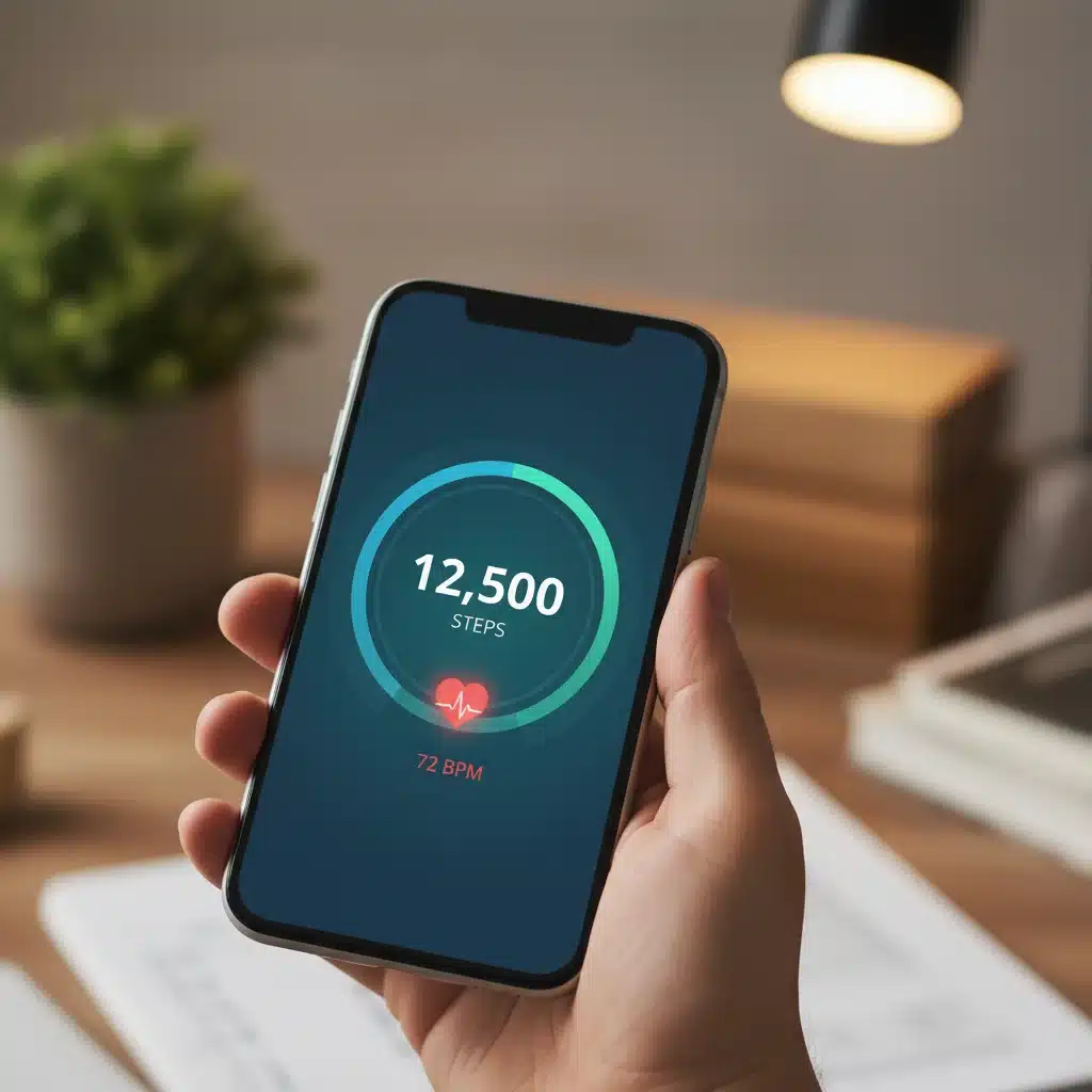 Mano sosteniendo un smartphone con una aplicación de seguimiento de actividad física mostrando pasos y ritmo cardíaco.