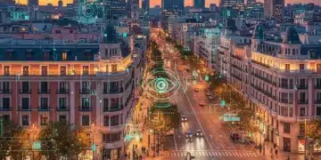 Seguridad Ciudadana España 2026: 5 Medidas Clave para el Futuro Panorama urbano de España al anochecer con elementos de seguridad digital y policial, representando la seguridad ciudadana.