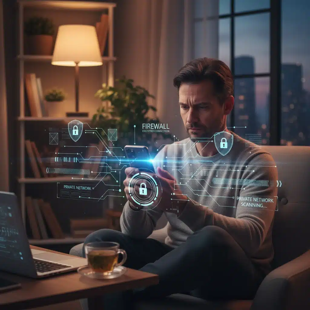 Persona usando un smartphone con elementos de ciberseguridad, ilustrando la importancia de la seguridad móvil y las contraseñas.