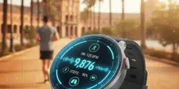 Smartwatch moderno mostrando datos de salud con fondo de persona activa en parque español, simbolizando la revolución de la salud vestible.