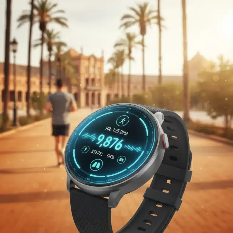 Smartwatch moderno mostrando datos de salud con fondo de persona activa en parque español, simbolizando la revolución de la salud vestible.