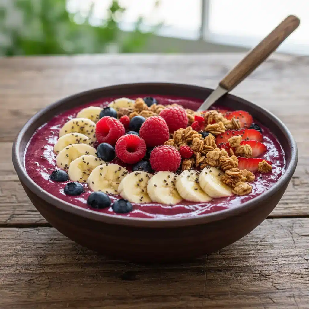 Bol de smoothie energizante con frutas frescas y semillas de chía, ideal para un desayuno rápido.