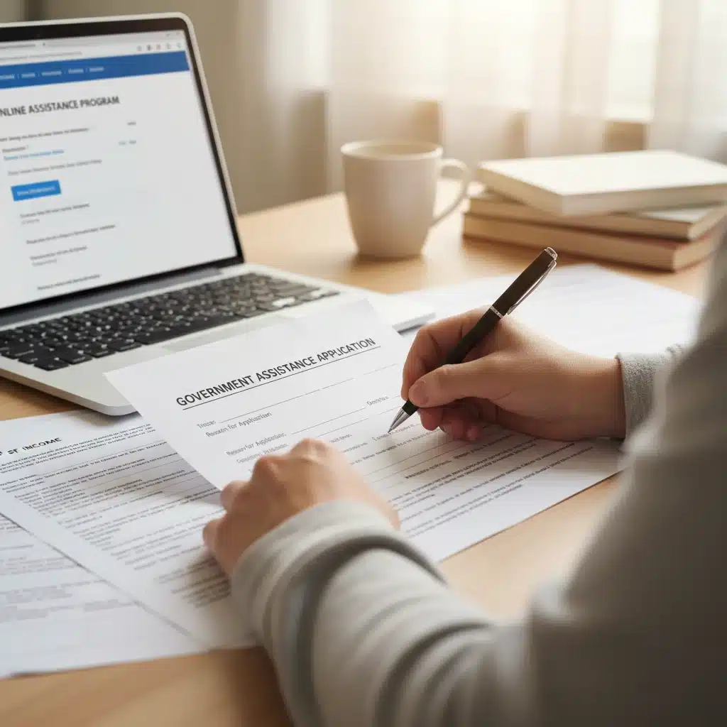 Person meticulously filling out a SNAP application form with a pen and laptop