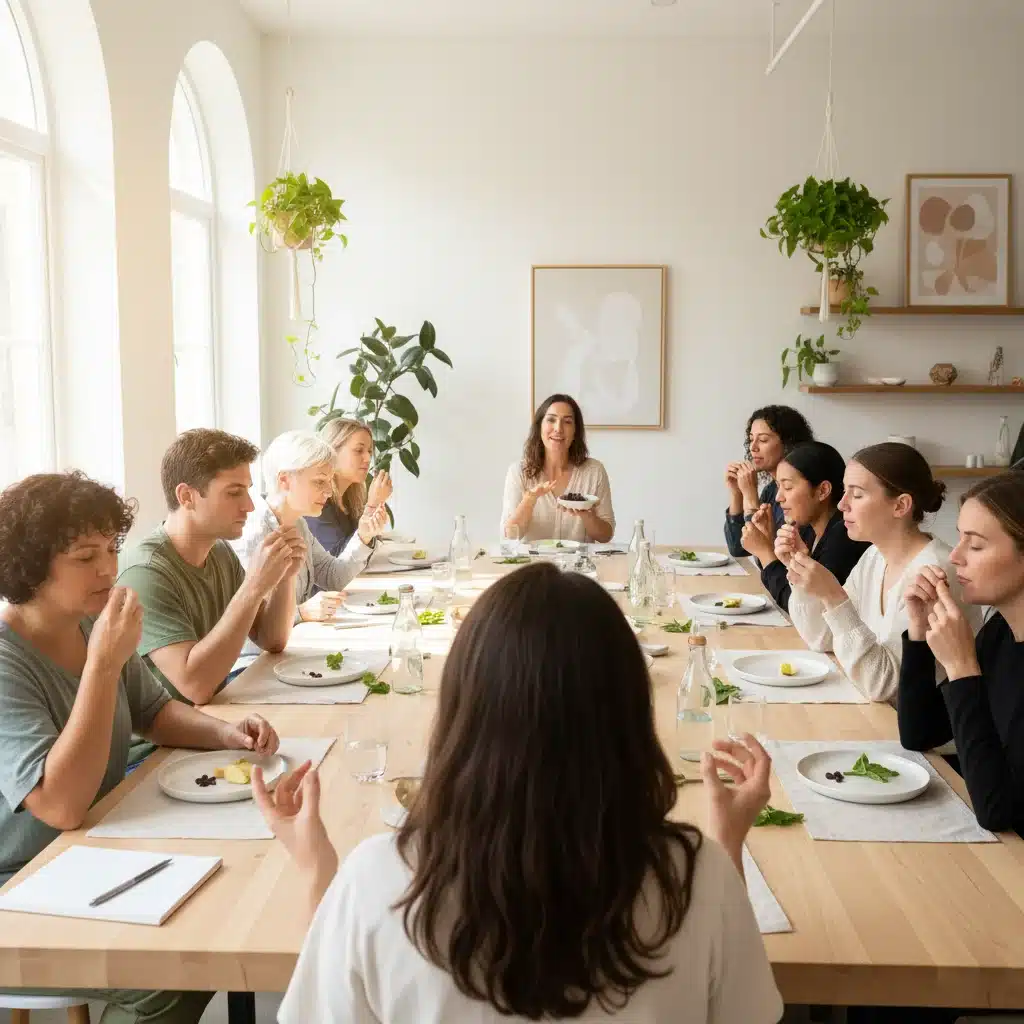 Grupo de personas en un taller de alimentación consciente, aprendiendo a comer con atención plena.