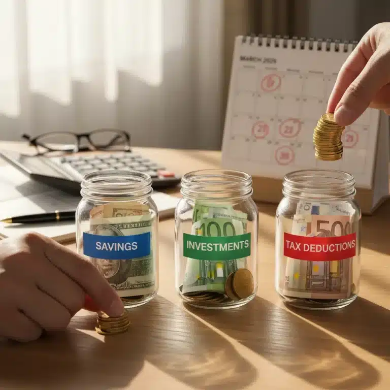 Person planning finances with calculator and jars for tax savings 2026