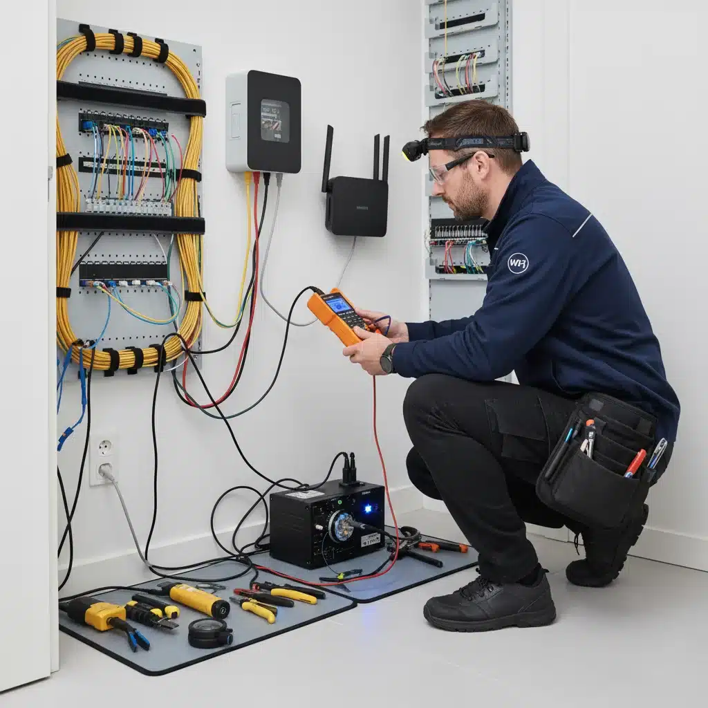 Técnico revisando conexiones de fibra óptica en un hogar español