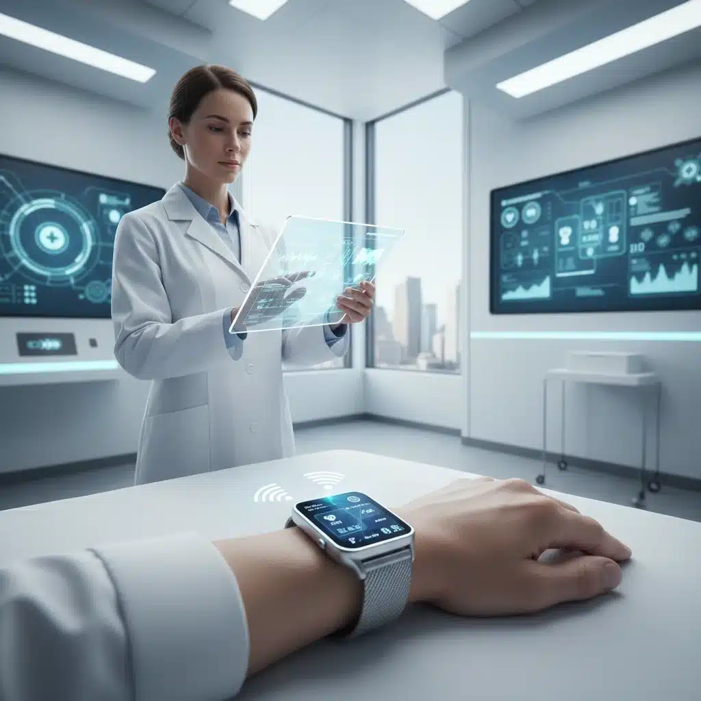 Médico revisando datos de paciente en tablet, con smartwatch en la muñeca del paciente, ilustrando la telemedicina y el monitoreo remoto.