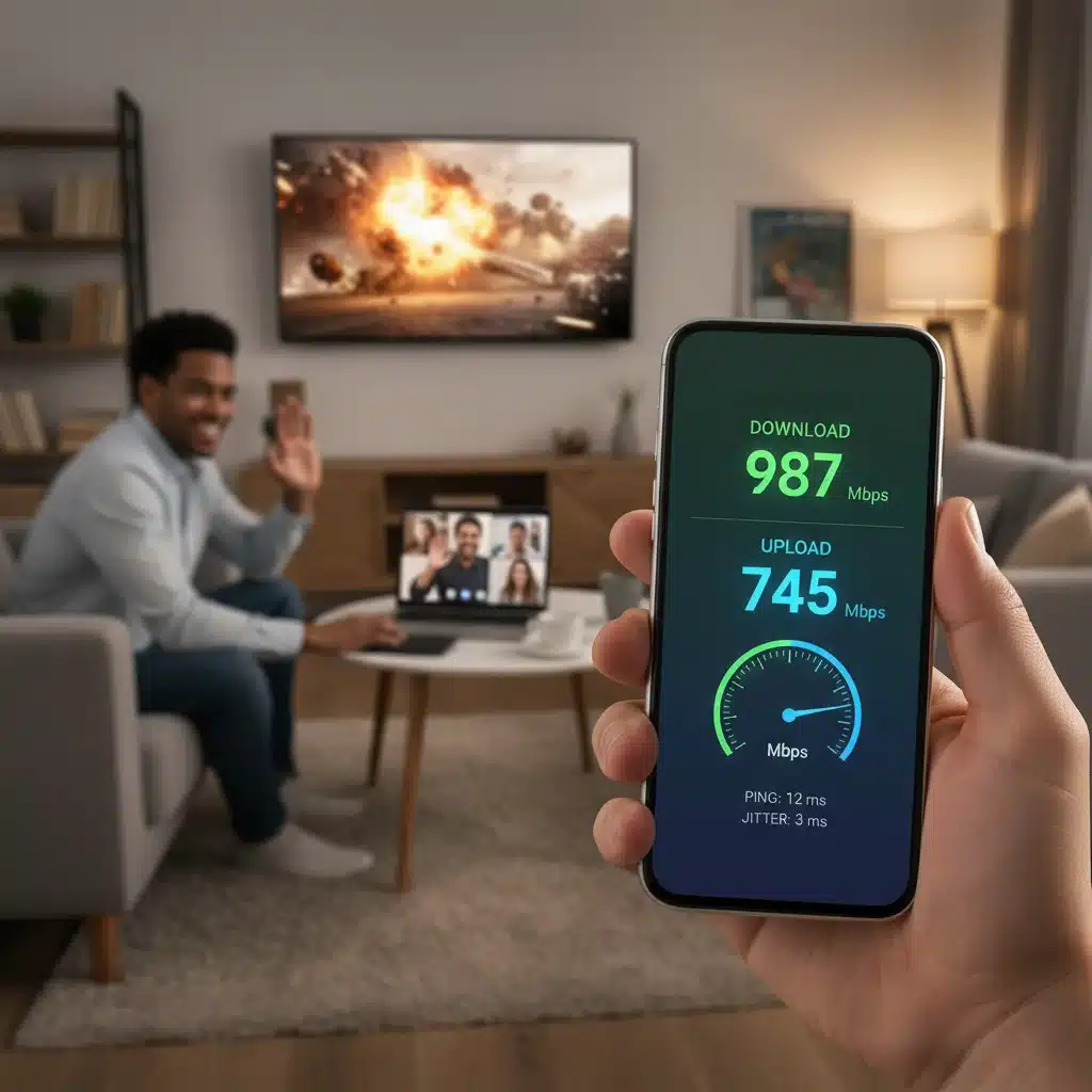 Pantalla de smartphone con test de velocidad de internet de fibra óptica
