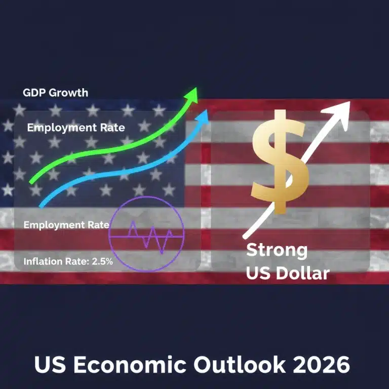 Infographic depicting key US economic indicators for 2026, including GDP, employment, and inflation trends.
