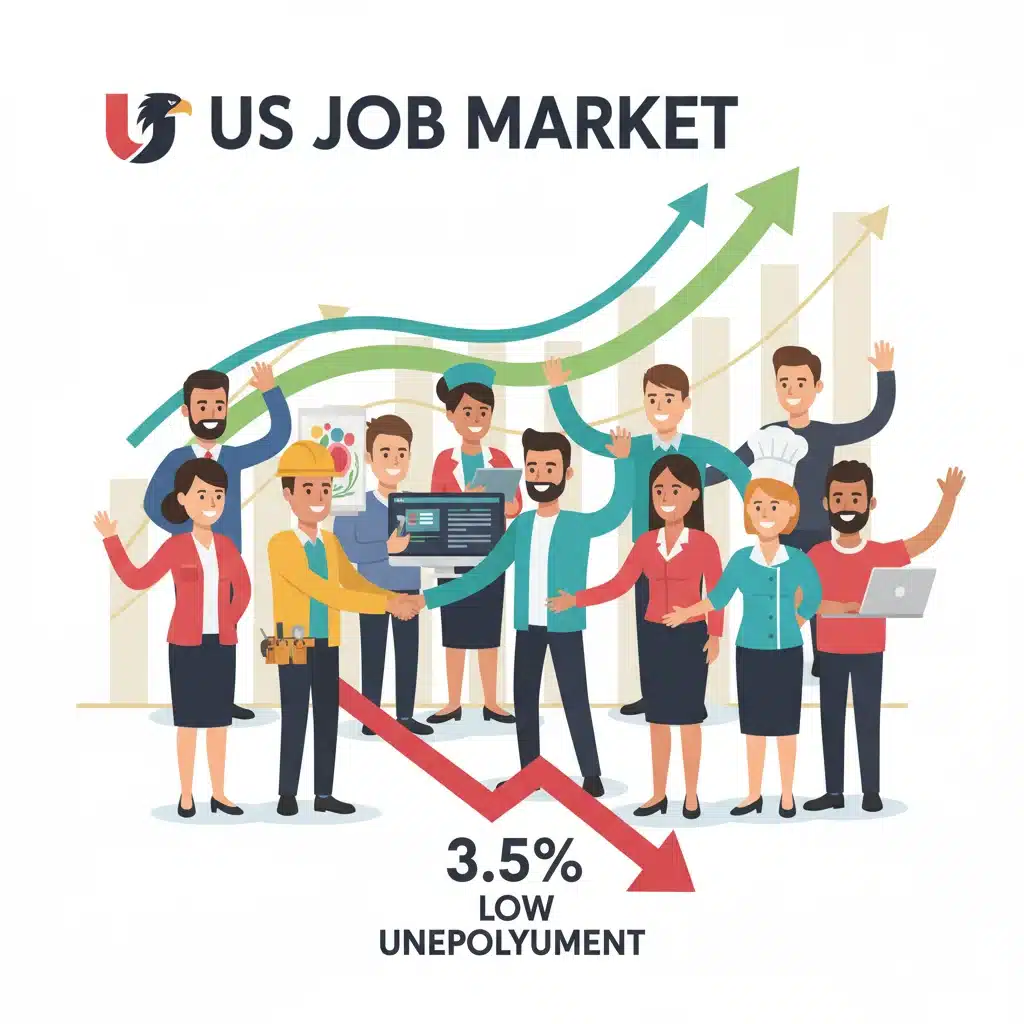 Graphic depicting robust US employment growth and low unemployment rates in 2026 across various sectors.