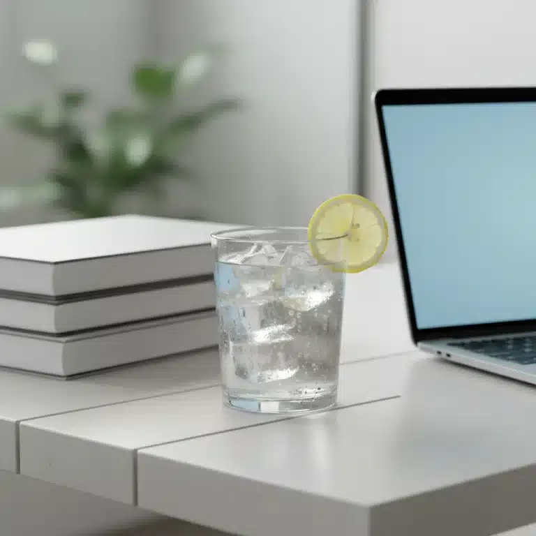 Vaso de agua fresca con limón en un escritorio, símbolo de hidratación y claridad mental.