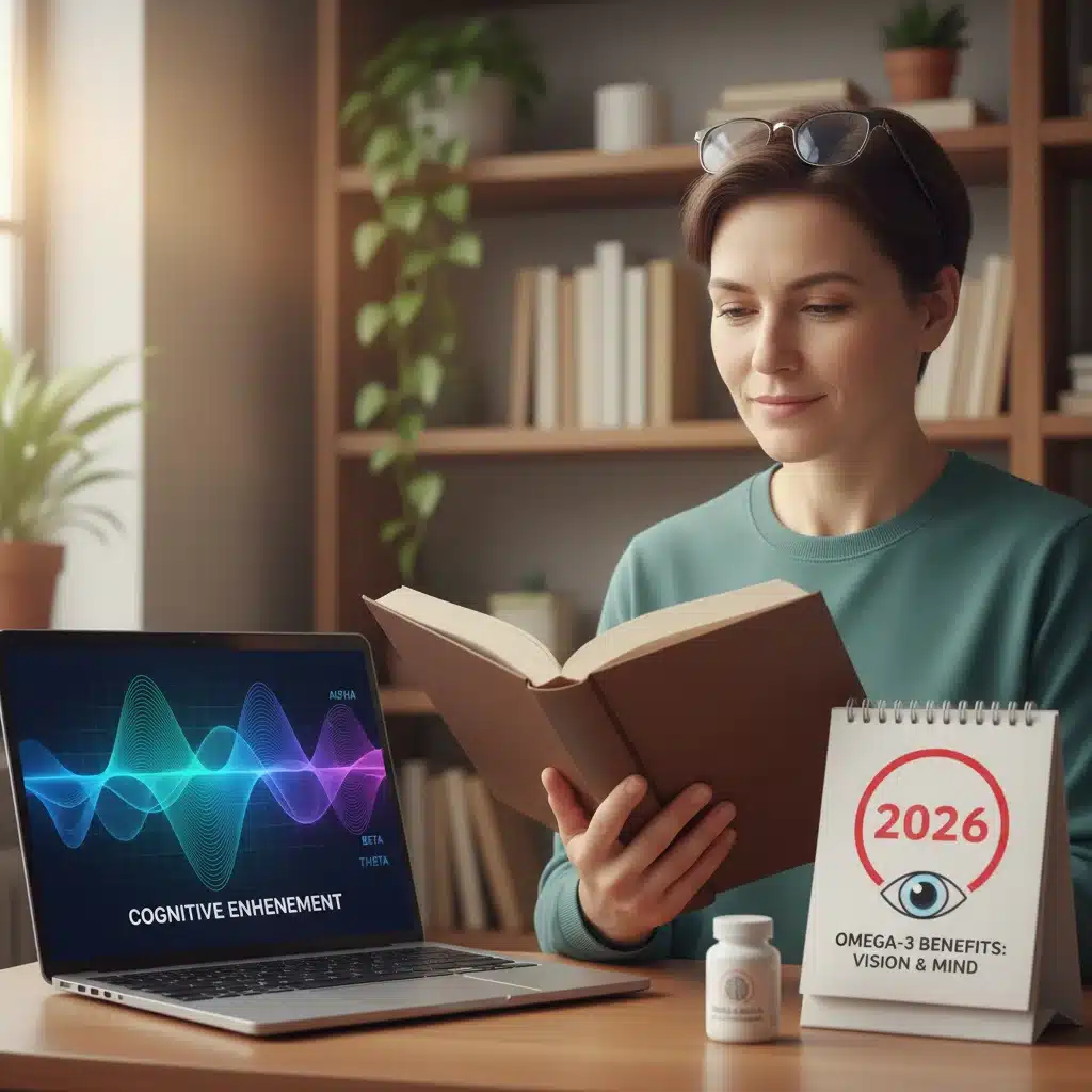 Persona leyendo con buena visión, ondas cerebrales en pantalla, calendario 2026