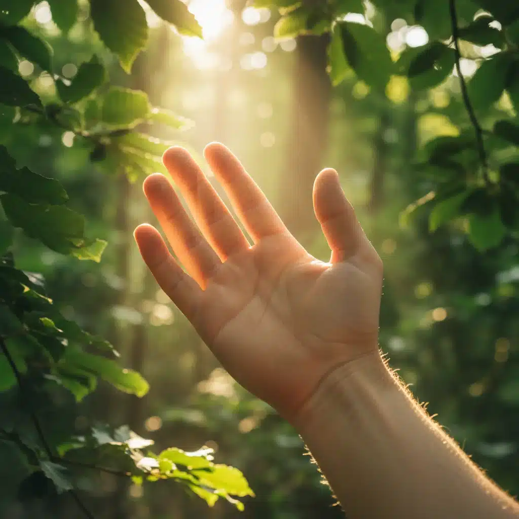 Mano extendiéndose hacia el sol entre hojas, absorbiendo vitamina D naturalmente